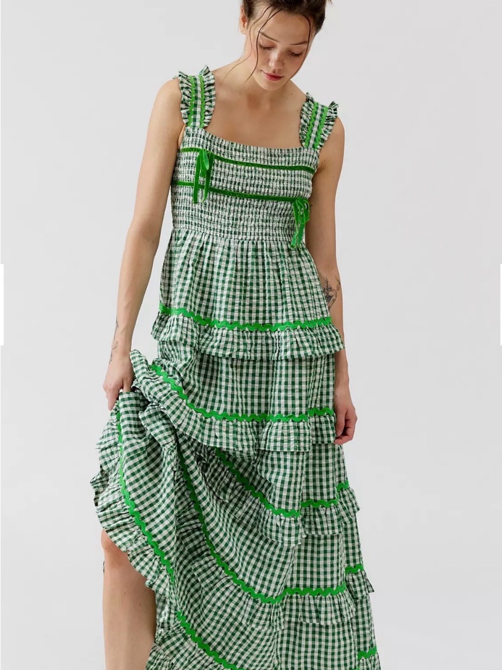 Neon Rose UO Green Gingham Ruffle Tiered Maxi Dress S